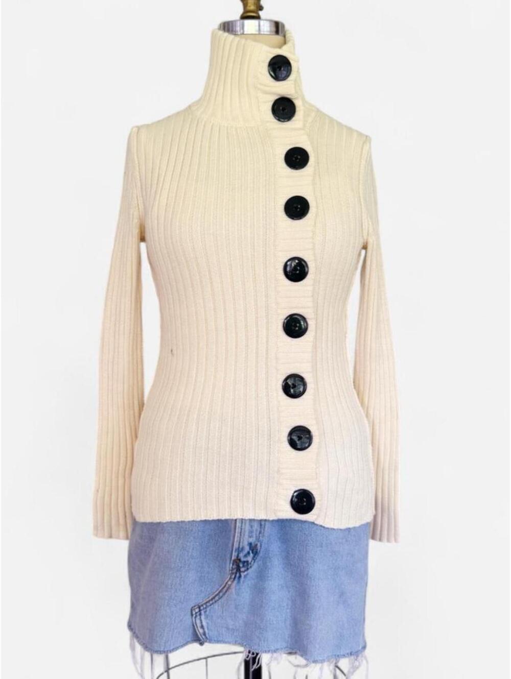 Moda International Cream Cable Knit Button Turtleneck Sweater in Cream